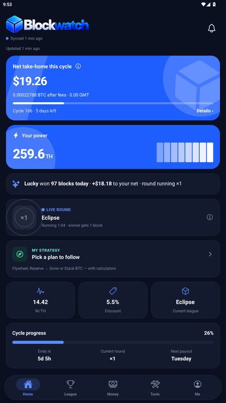 Home screen with net take-home and live round
